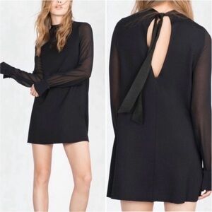 Zara W/B Collection Black Mock Neck W/Backtie Sheer Long Sleeve Shift Dress Sz L